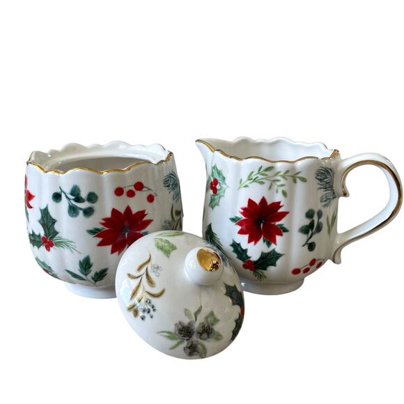 Grace Teaware Christmas Holly Poinsettia Porcelain Sugar & Creamer Set New - Picture 2 of 16